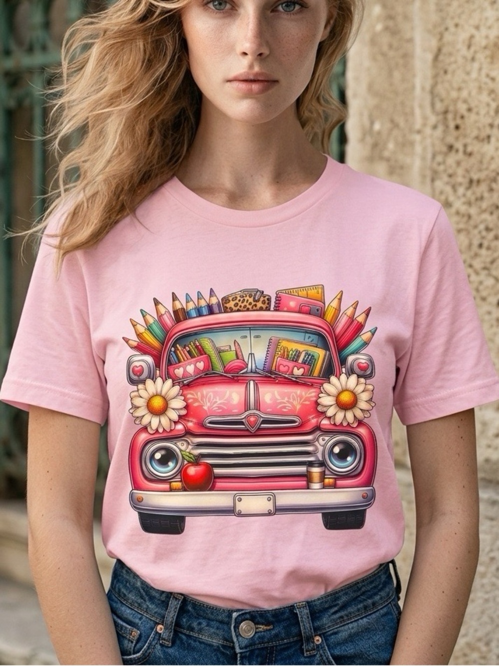 Kids Pink Graphic Tee with Colorful School Van Design